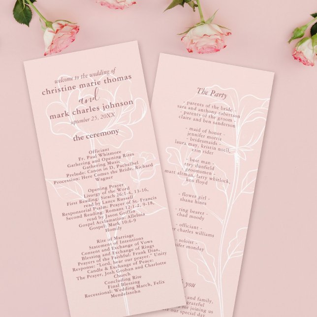 Moderne Blumenrosa Hochzeit Programm (Elegant Blush pink with a white outline floral design in the background with mauve font program.)