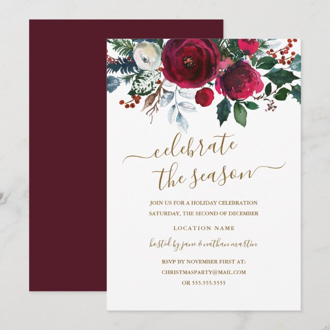 Moderne Blumenroter Gold-Feier Einladung (Vorne/Hinten)
