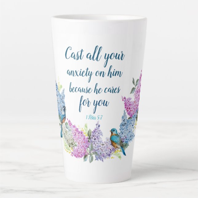Moderne Blumenschrift 1 Peter 5:7 Tasse (Vorderseite)
