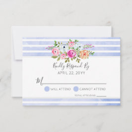 Moderne Blumenwatte Blue Stripe Wedding RSVP Karte