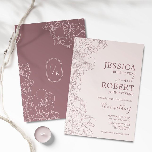 Moderne Blumenzeitschrift Mauve Dusty Pink Wedding Einladung (Von Creator hochgeladen)