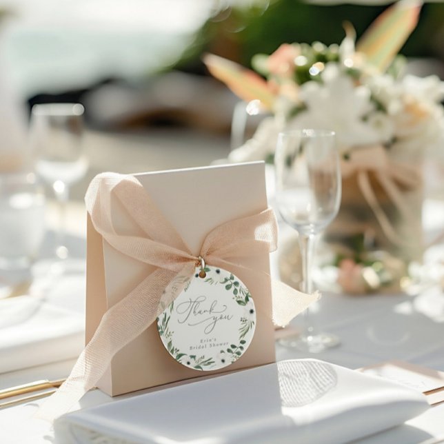 Moderne Blumenzwiebelzunge Geschenkanhänger (Modern Floral Dusty Green Eucalyptus Wedding Favor Tags)