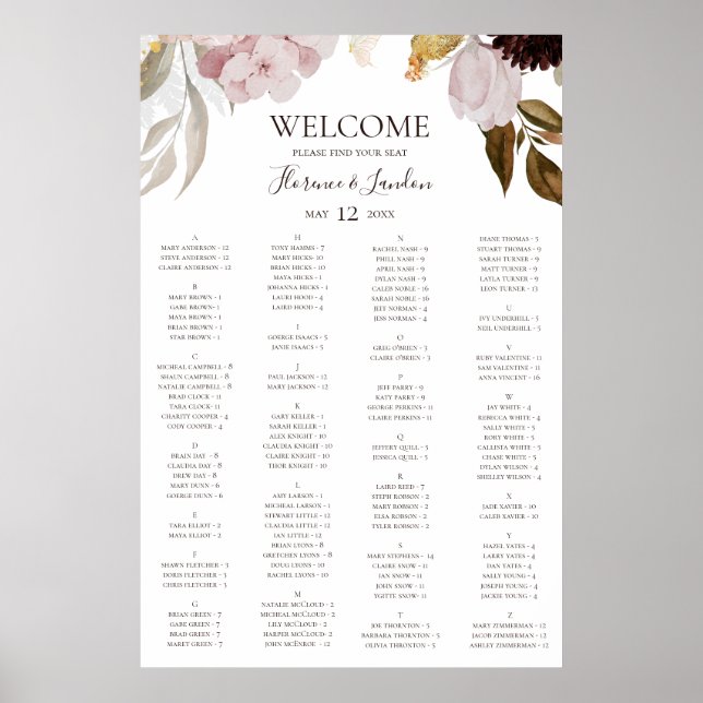 Moderne Blush Bloral | Alphabetische Sitztabelle Poster (Vorne)