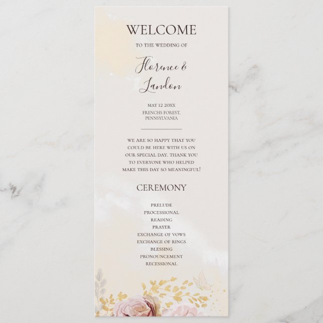 Moderne Blush Bloral | Hochzeitsprogramm für Wasse Programm (Vorderseite)