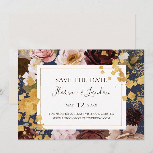 Moderne Blush Bloral | Horizontal Gerettet Marine Save The Date (Vorne/Hinten)