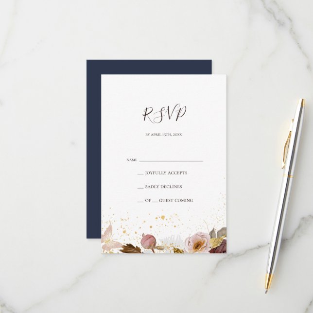 Moderne Blush Bloral | Navy RSVP Card Karte (Vorderseite/Rückseite Beispiel)