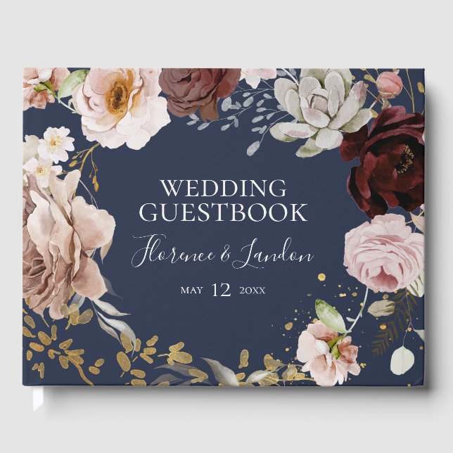 Moderne Blush Bloral | Navy Wedding Guest Book Gästebuch (Vorderseite)