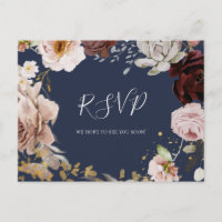 Moderne Blush Bloral | Navy Wedding RSVP Postcard