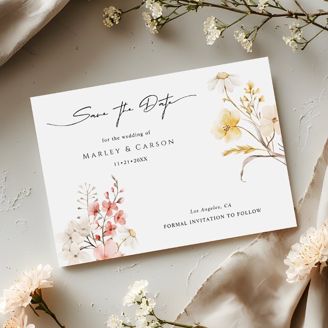 Moderne Blush-Blumen-Wildblumen-Hochzeit im Frühli Save The Date (Von Creator hochgeladen)