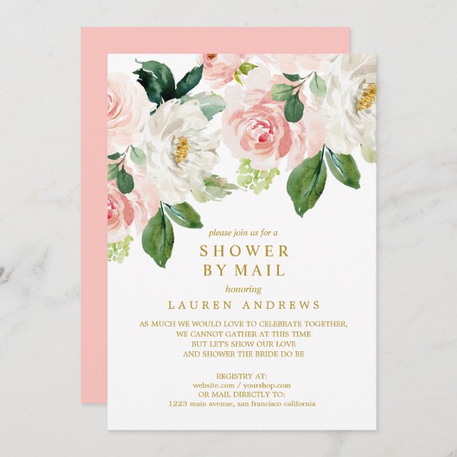 Moderne Blush Bouquet storniert Dusche Gold Hochze Einladung (Vorne/Hinten)