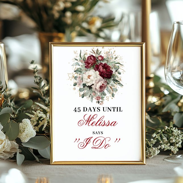 Moderne Blush-Burgunder-Countdown-Tafel mit Gold Poster (Modern Blush Burgundy Countdown Sign with Gold)