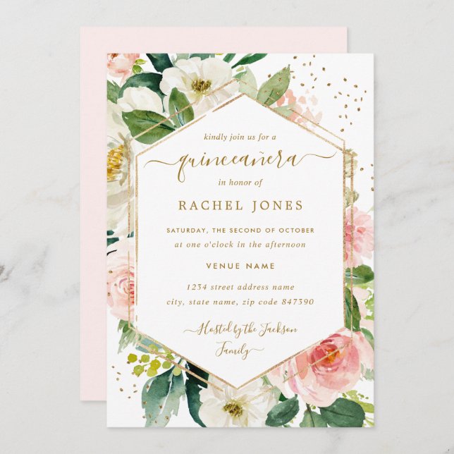 Moderne Blush Gold Floral Aquarell Quinceanera Einladung (Vorne/Hinten)