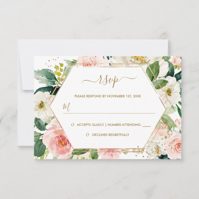Moderne Blush Gold Floral Watercolor Hochzeit RSVP (Vorderseite)