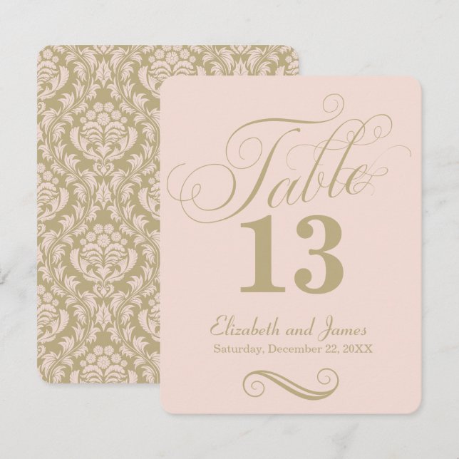 Moderne Blush-Gold-Script-Hochzeitsskripte-Tischnu Einladung (Vorne/Hinten)
