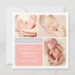 Moderne Blush-Grau-Farbbblock-Baby-Mädchen-Geburts Ankündigung
