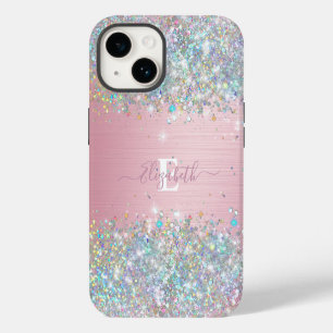 Moderne Blush Holografischer Faux Glitter Monogram iPhone 14 Hülle