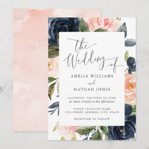 Moderne Blush Navy Bloral Frame Wedding Einladung