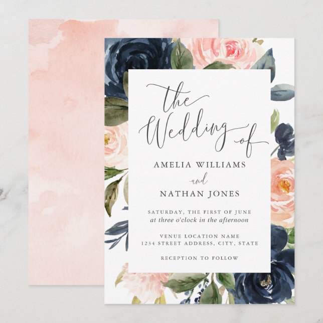 Moderne Blush Navy Bloral Frame Wedding Einladung (Vorne/Hinten)