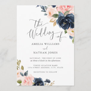 Moderne Blush Navy-Floral-Hochzeit Einladung
