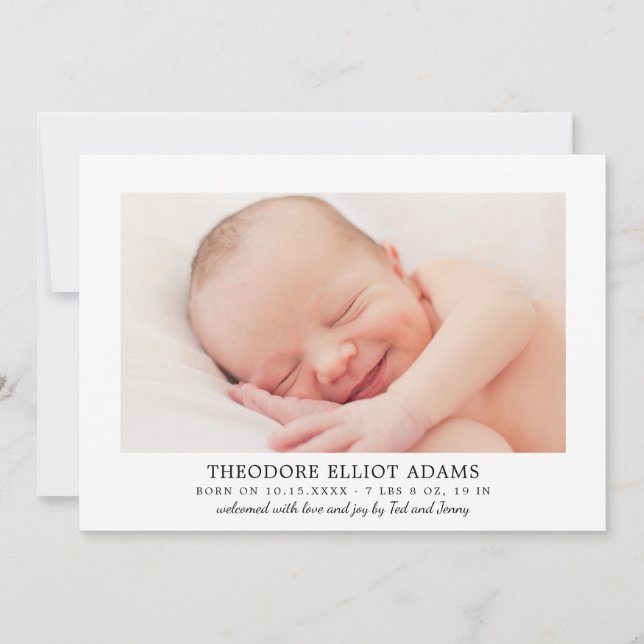 Moderne blush neutrale Streifen Baby Boy Foto Birt Ankündigung (Vorderseite)
