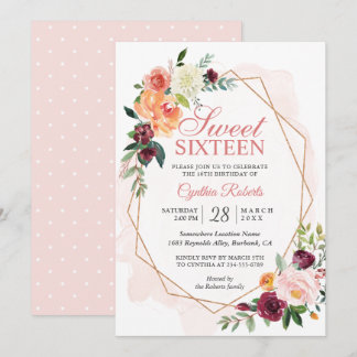 Moderne Blush Pink Bläserblüte Süße 16 Geburtstags Einladung