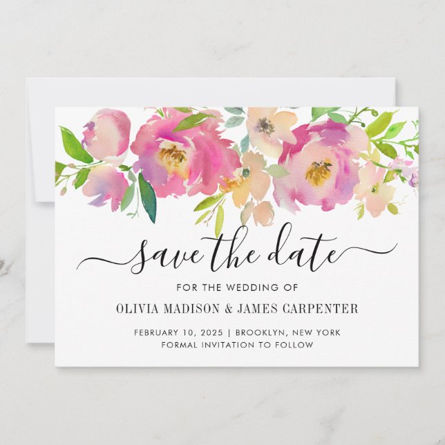 Moderne Blush Pink Botanische Pastellblütenhochzei Save The Date (Vorderseite)