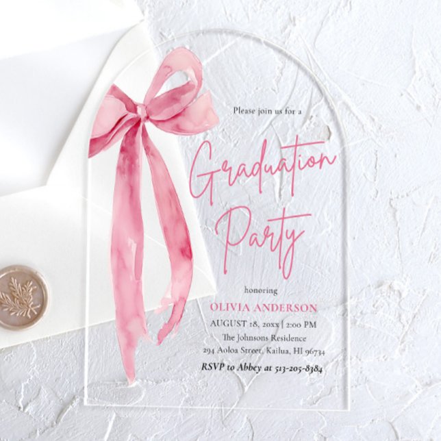 Moderne Blush Pink Bow Graduierungsparty angefange Acryleinladungen (Modern Blush Pink Bow Graduation Party Arched Acrylic Invitations)
