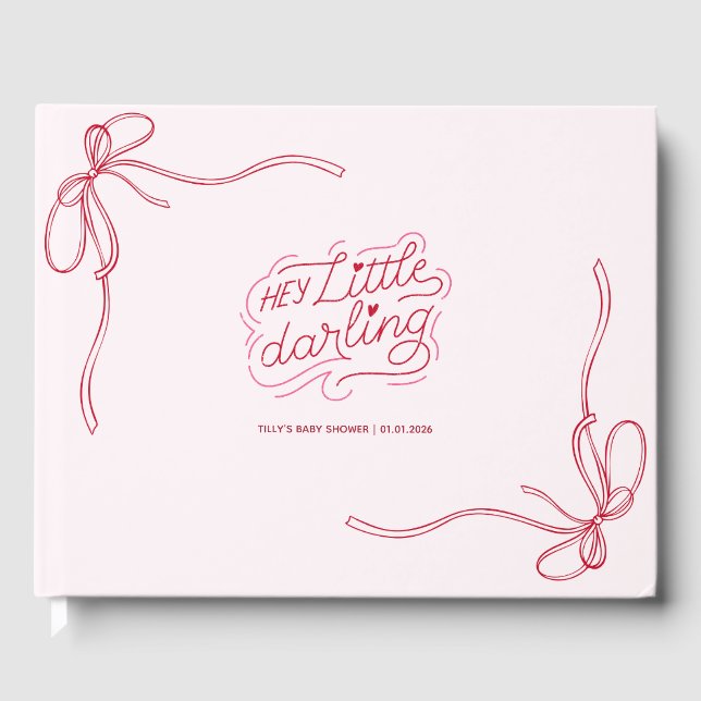 Moderne Blush Pink Bow Ribbon Girl Babydusche Gästebuch (Vorderseite)