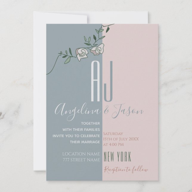 Moderne Blush Pink Dusty Blue Monogram Wedding Einladung (Vorderseite)