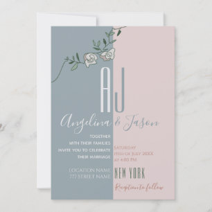 Moderne Blush Pink Dusty Blue Monogram Wedding Einladung