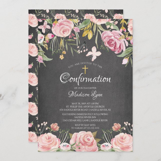 Moderne Blush Pink Floral & Gold Cross Bestätigung Einladung (Vorne/Hinten)