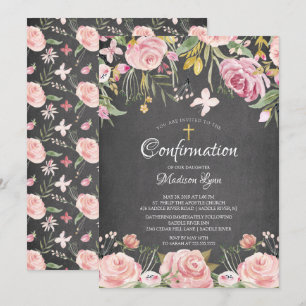 Moderne Blush Pink Floral & Gold Cross Bestätigung Einladung