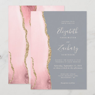 Moderne Blush Pink Gold Agate Gray Hochzeit Einladung