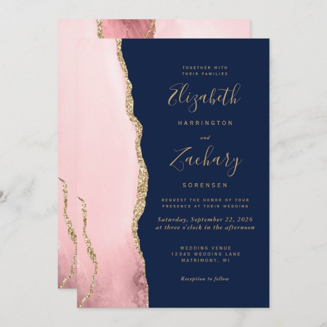 Moderne Blush Pink Gold Agate Navy Blue Wedding Einladung (Vorne/Hinten)