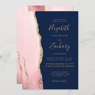 Moderne Blush Pink Gold Agate Navy Blue Wedding Einladung