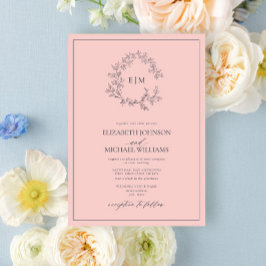 Moderne Blush Pink Navy Blue Monogram Wedding Einladung