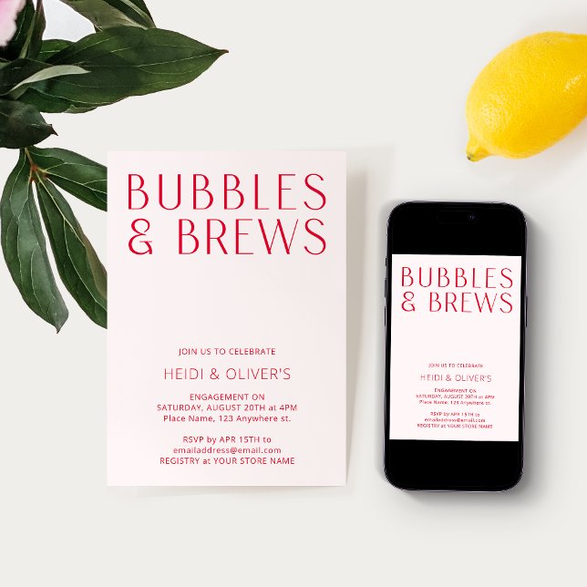 Moderne Blush Pink & Red Bubbles & Brews Verlobung Einladung (Von Creator hochgeladen)