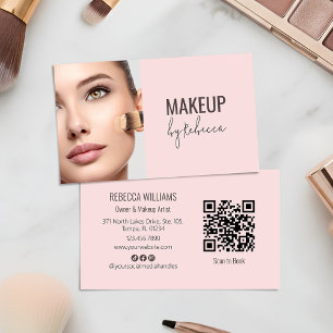 Moderne Blush-Pink-Schriftart QR-Code-Foto-Make-up Visitenkarte