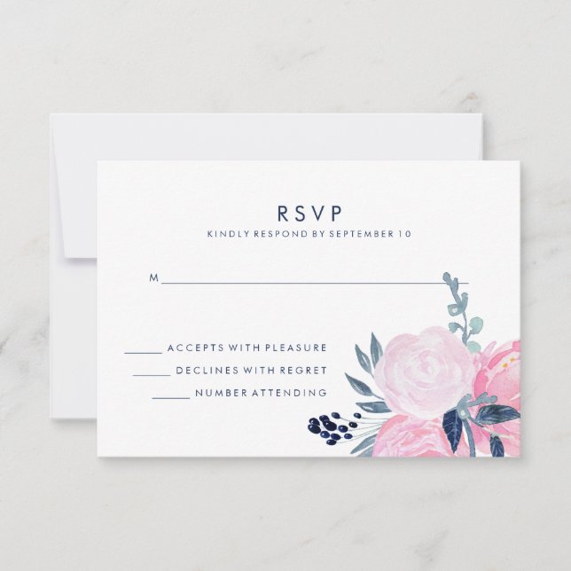 Moderne Blush Pink und Navy Floral Wedding RSVP Karte (Vorderseite)