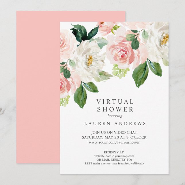Moderne Blush Pink Virtual Bridal oder Babydusche Einladung (Vorne/Hinten)