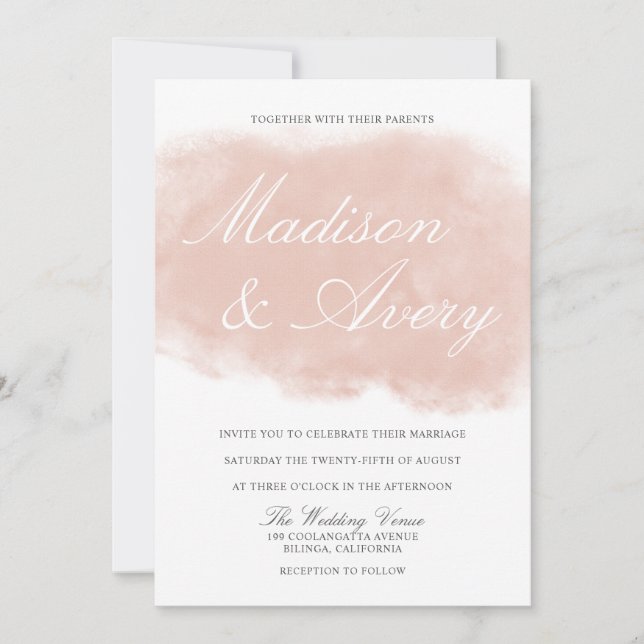 Moderne Blush Pink Watercolor Splash Hochzeit Einladung (Vorderseite)