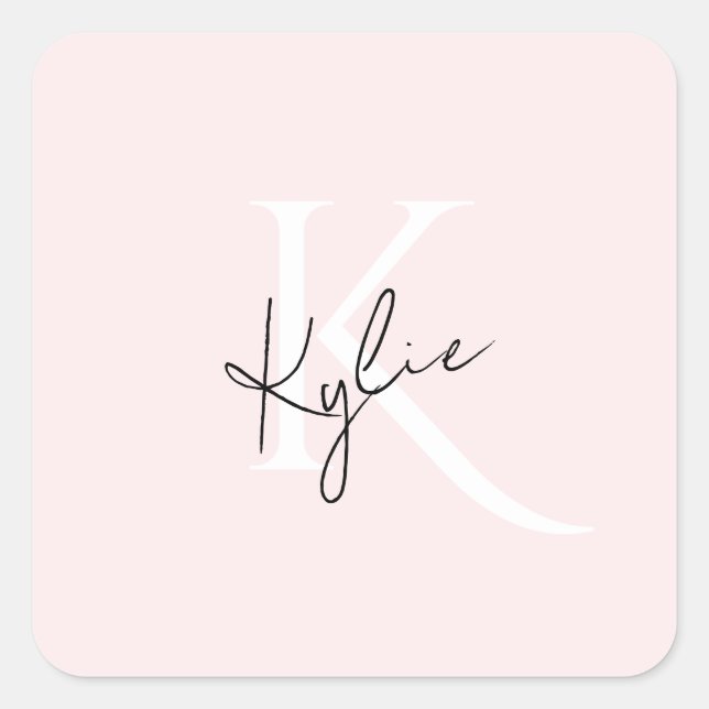 Moderne Blush-Rose Personalisiert Monogramm Name - Quadratischer Aufkleber (Vorderseite)