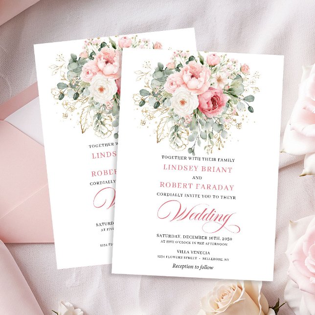 Moderne Blush-Rosen Goldrahmen Hochzeitseinladung Einladung (Modern Blush Roses Gold Frame Wedding Invitation)