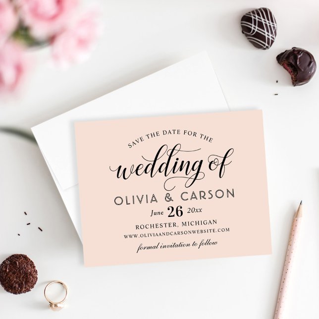 Moderne Blush- und Black Script-Hochzeit Save The Date (Von Creator hochgeladen)