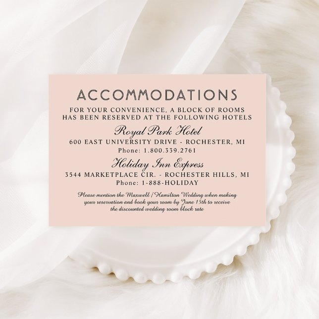 Moderne Blush- und Black Wedding-Unterkünfte Begleitkarte (Von Creator hochgeladen)