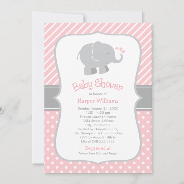 Moderne Blush und Graue Elephant Girl Baby Dusche Einladung (Vorderseite)