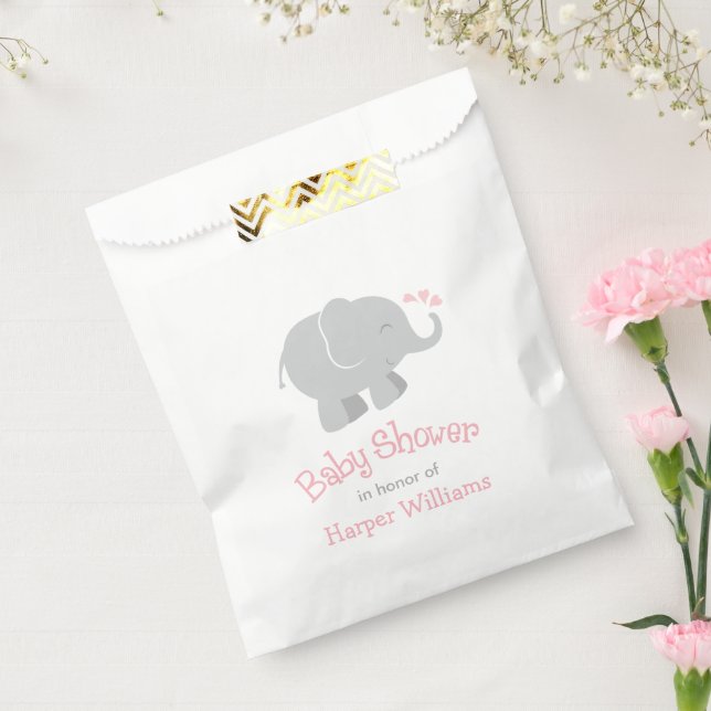 Moderne Blush und Graue Elephant Girl Baby Dusche Geschenktütchen (Versiegelt)