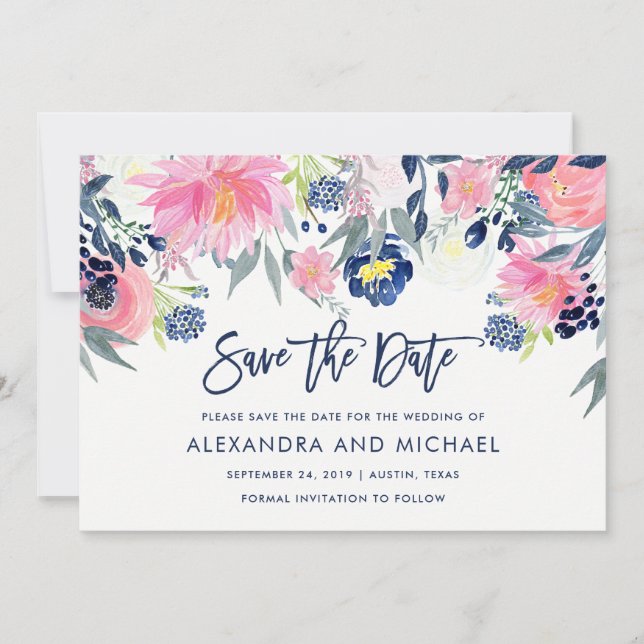 Moderne Blush- und Navy-Floral-Hochzeit retten das Save The Date (Vorderseite)