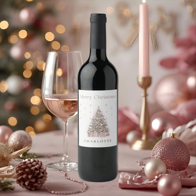 Moderne Blush-Weihnachtsbaum-Weinetikett Weinetikett (Von Creator hochgeladen)