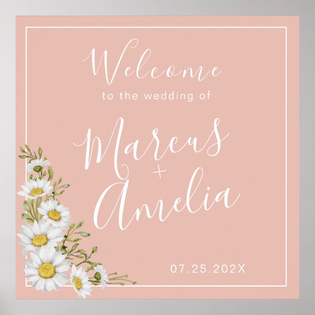 Moderne Blush & White Daisies Hochzeit Willkommen Poster (Vorne)